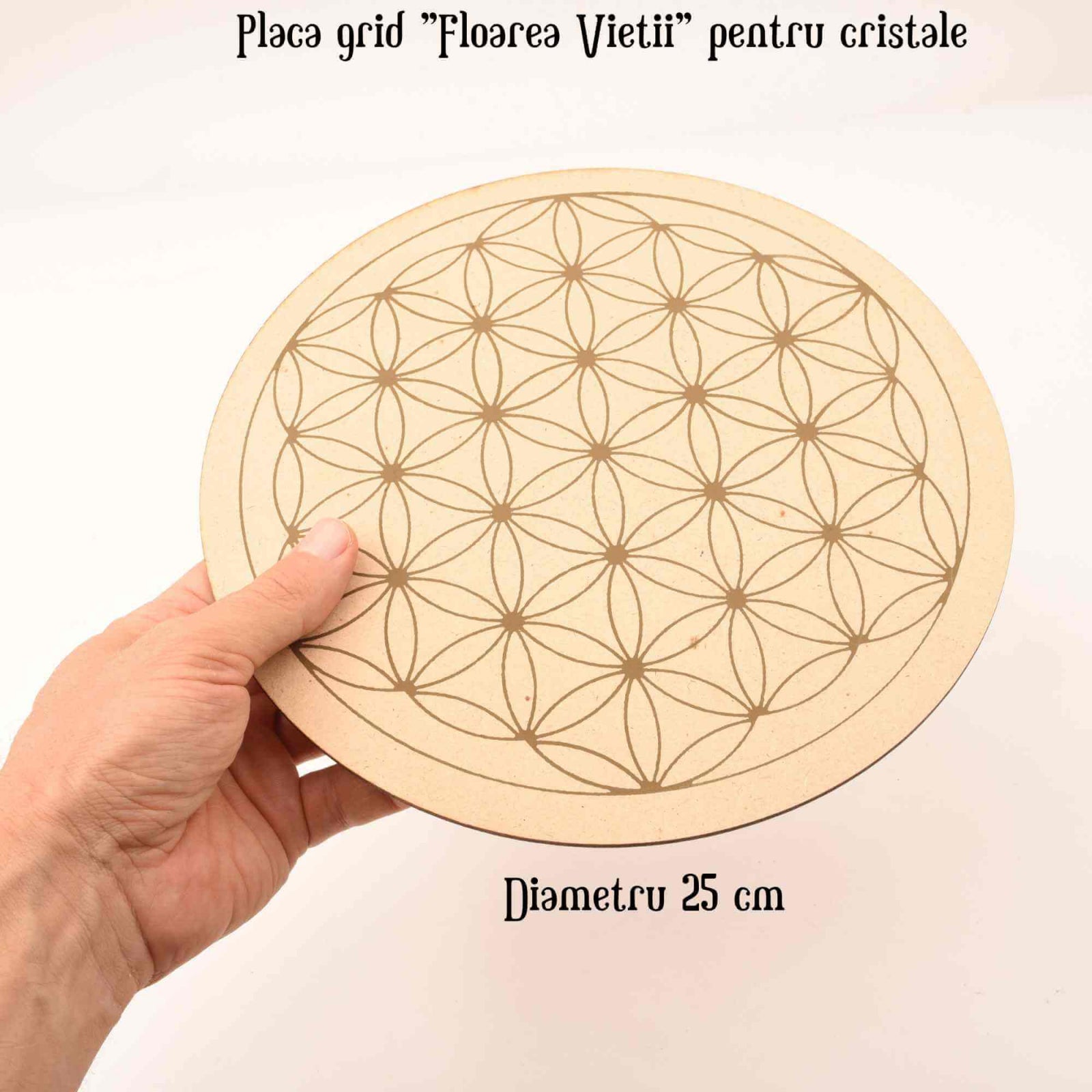 Grila din Lemn pentru Cristale cu Modelul Florii Vietii, Diametru 25 cm
