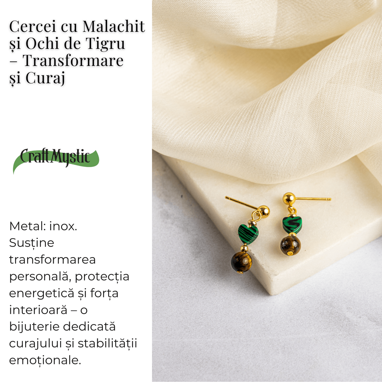 Transformare si Curaj – Cercei cu Malachit Sintetic si Ochi de Tigru