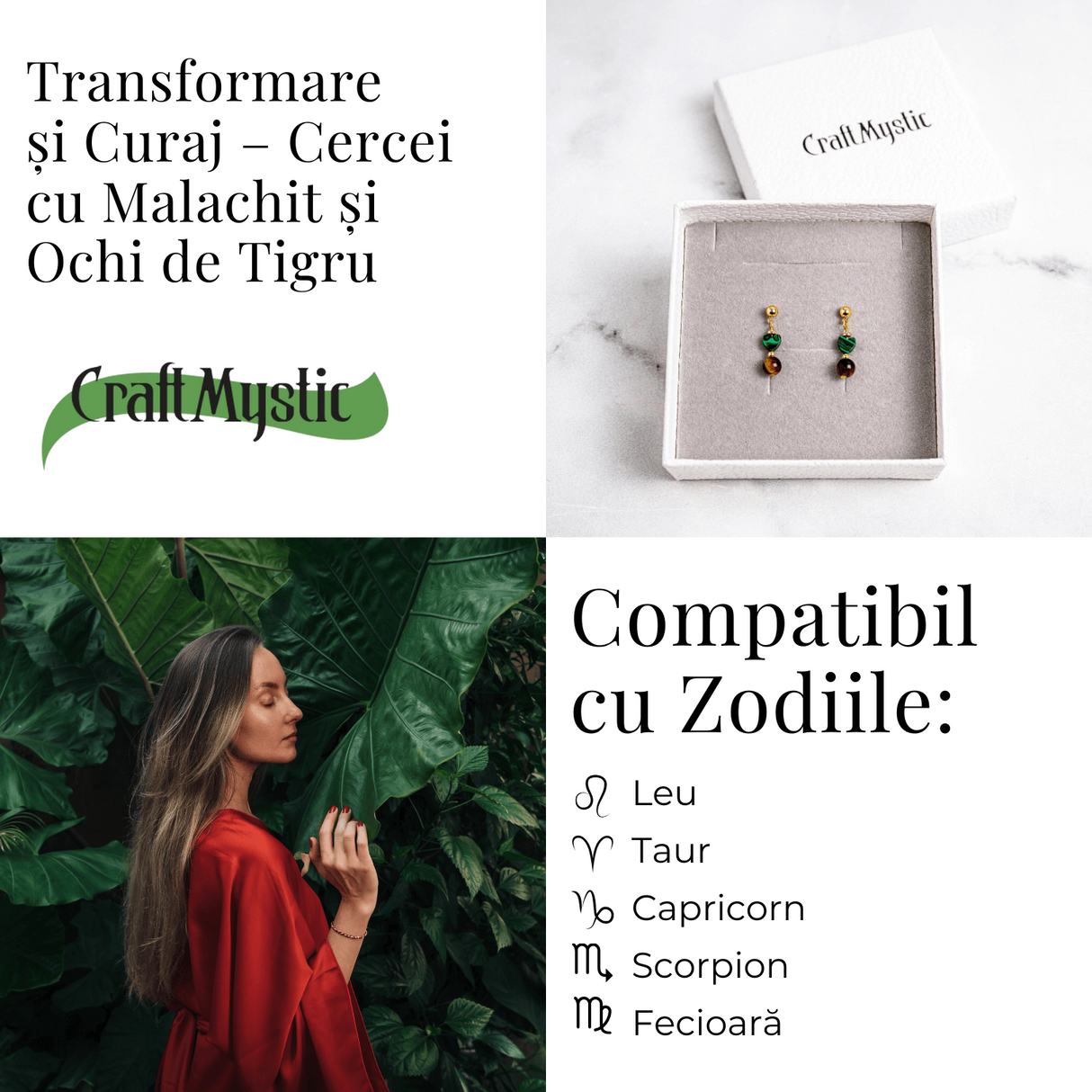 Transformare si Curaj – Cercei cu Malachit Sintetic si Ochi de Tigru
