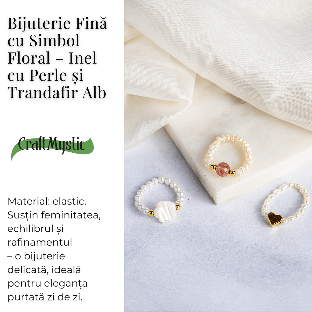 Bijuterie fina cu simbol floral – Inel cu perle si trandafir alb