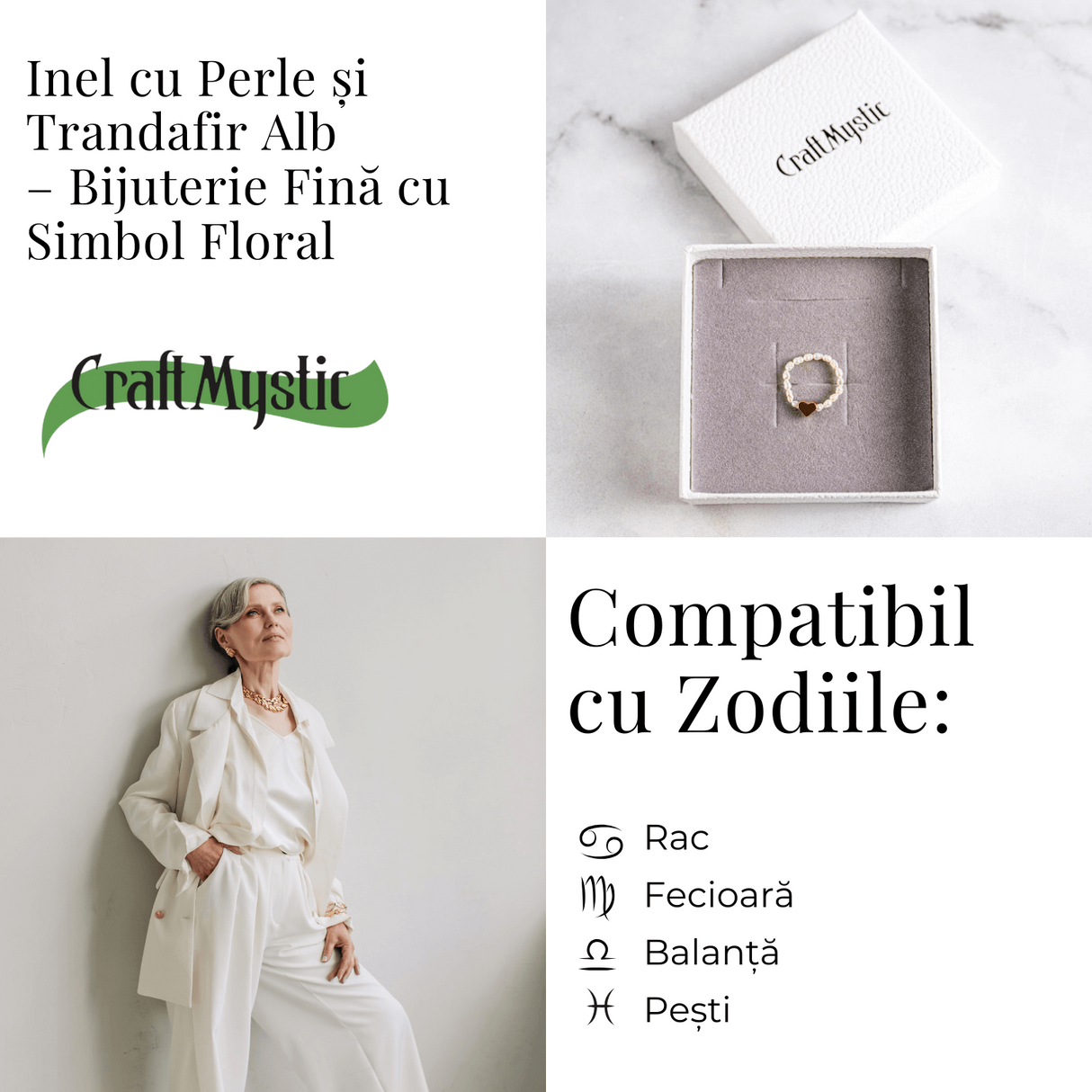 Bijuterie fina cu simbol floral – Inel cu perle si trandafir alb
