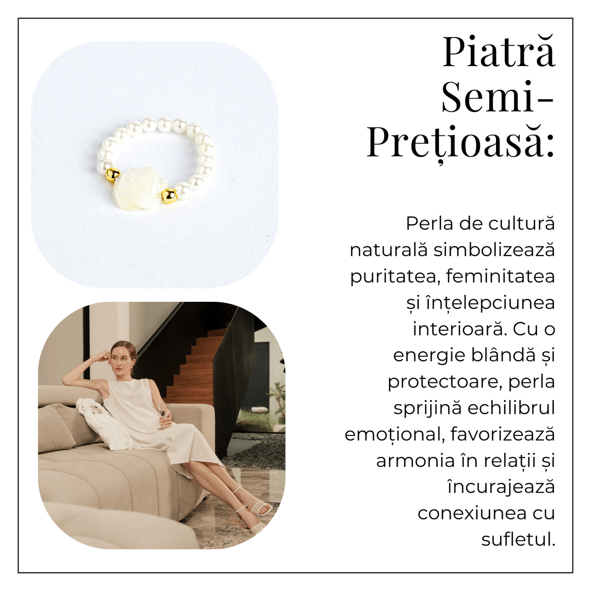 Bijuterie fina cu simbol floral – Inel cu perle si trandafir alb
