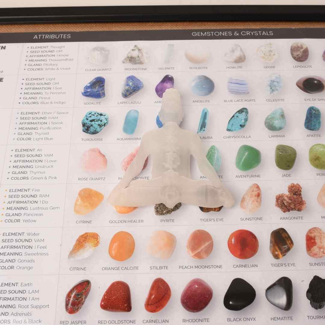 Cristal de selenit sculptat in forma de femeie 10 cm cu cele 7 chakre - Pentru decor si vindecare energetica