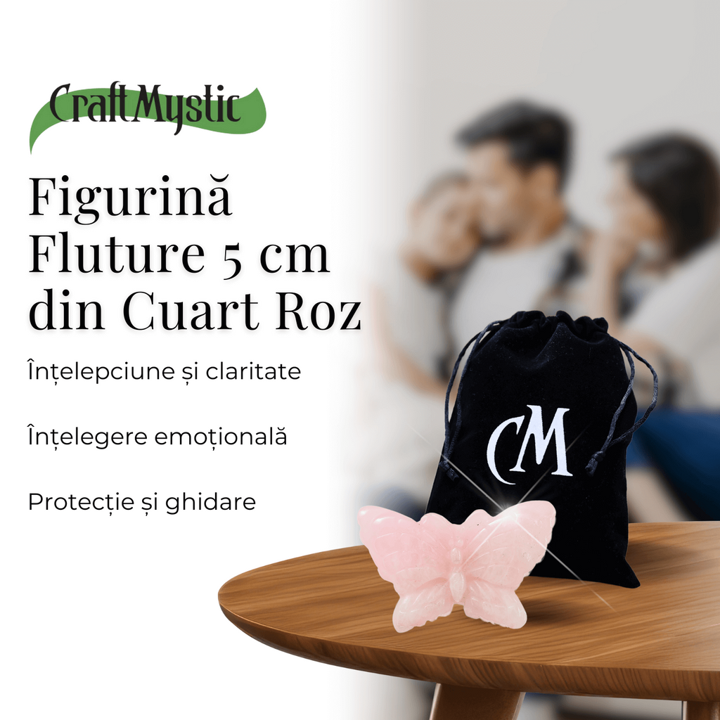 Figurina Fluture din Cuart Roz Natural, 5 cm