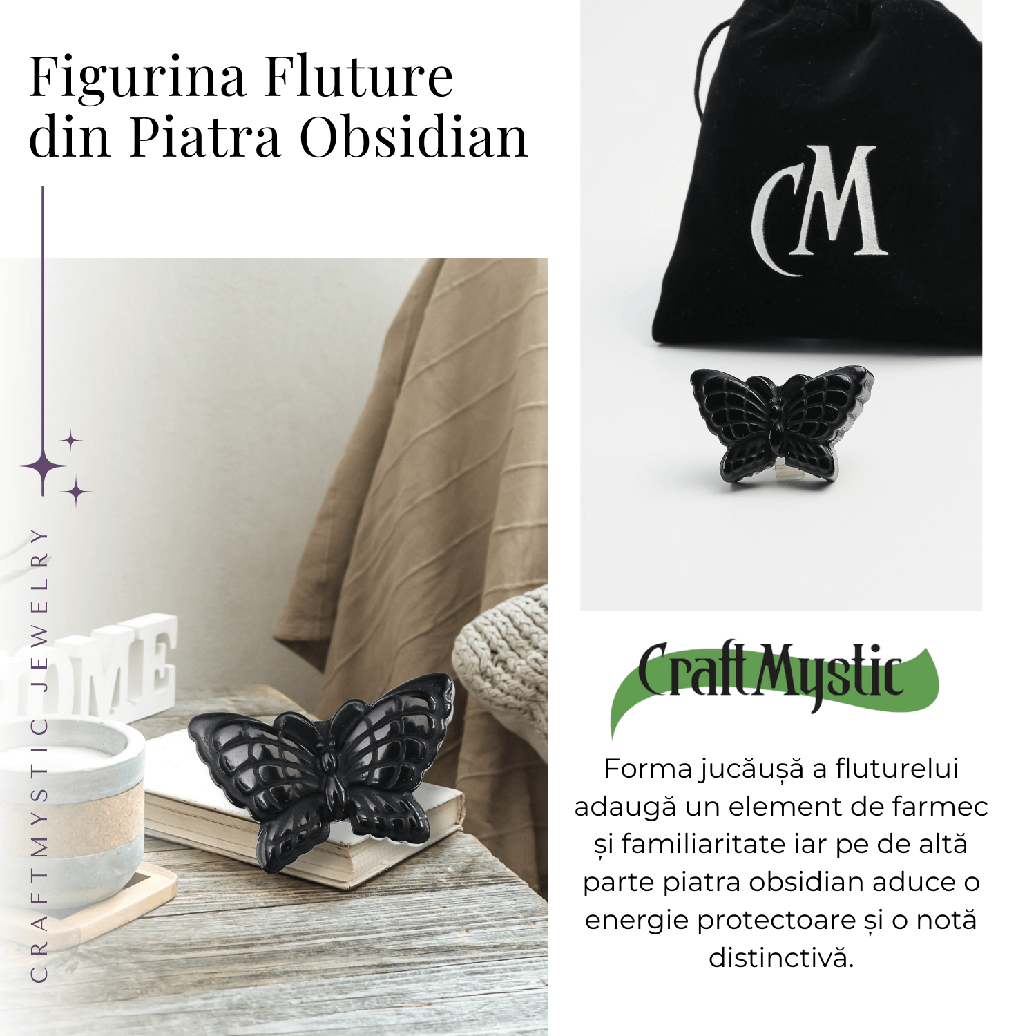 Figurina Fluture din Obsidian Natural, 5 cm