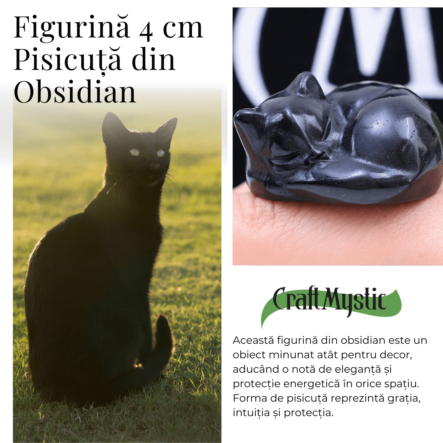 Figurina Pisicuta Adormita 4 cm din Obsidian Natural