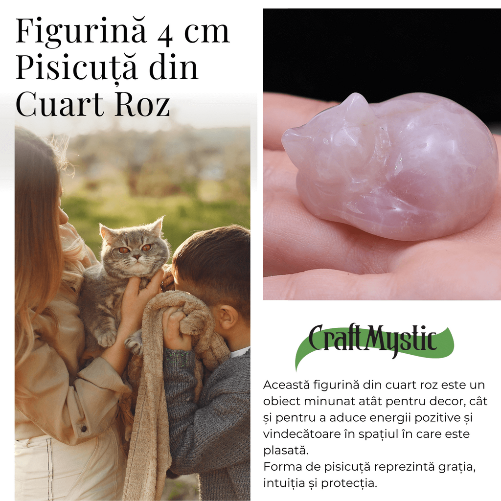 Figurina Pisicuta Adormita 4 cm din Cuart Roz - Iubire si Liniste