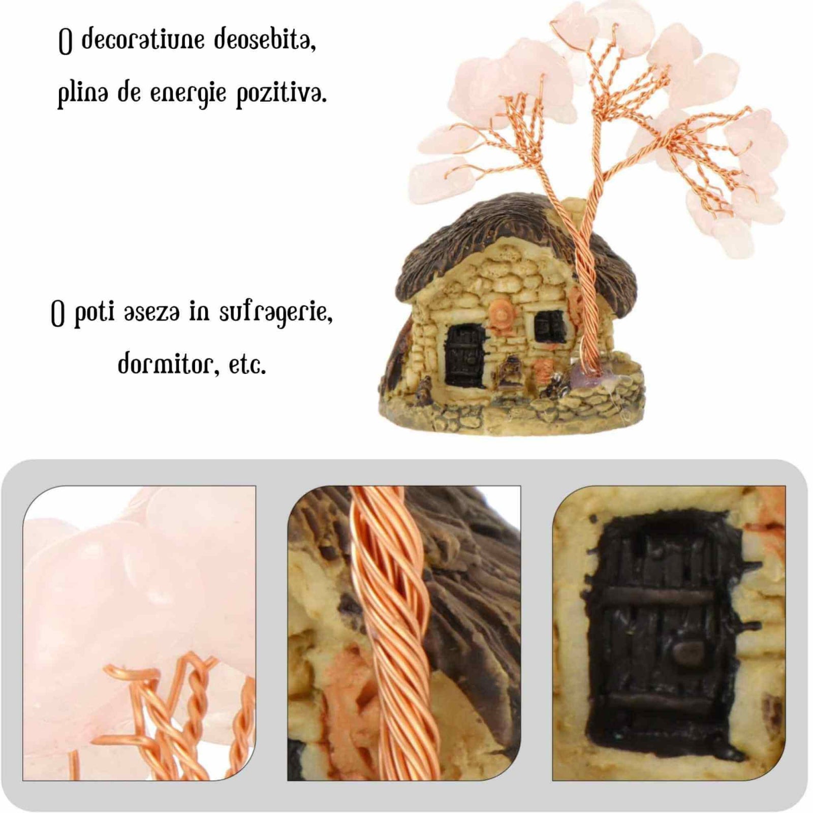 Figurina casuta cu ramuri din cristale naturale Cuart Roz