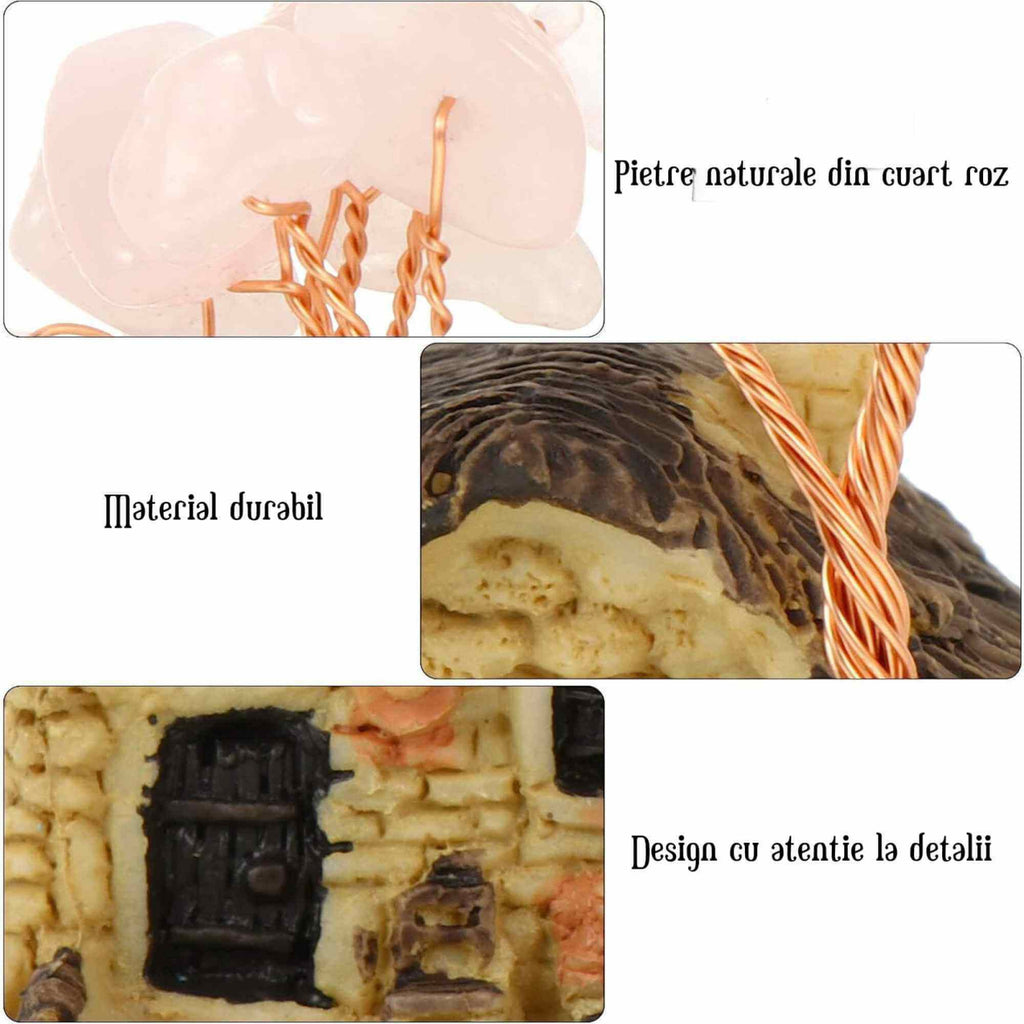 Figurina casuta cu ramuri din cristale naturale Cuart Roz