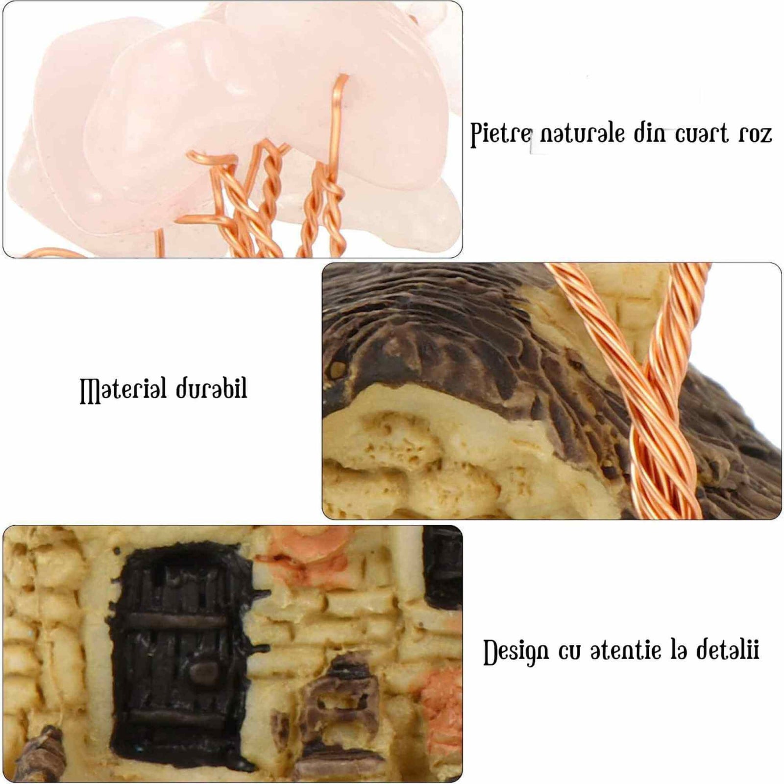 Figurina casuta cu ramuri din cristale naturale Cuart Roz