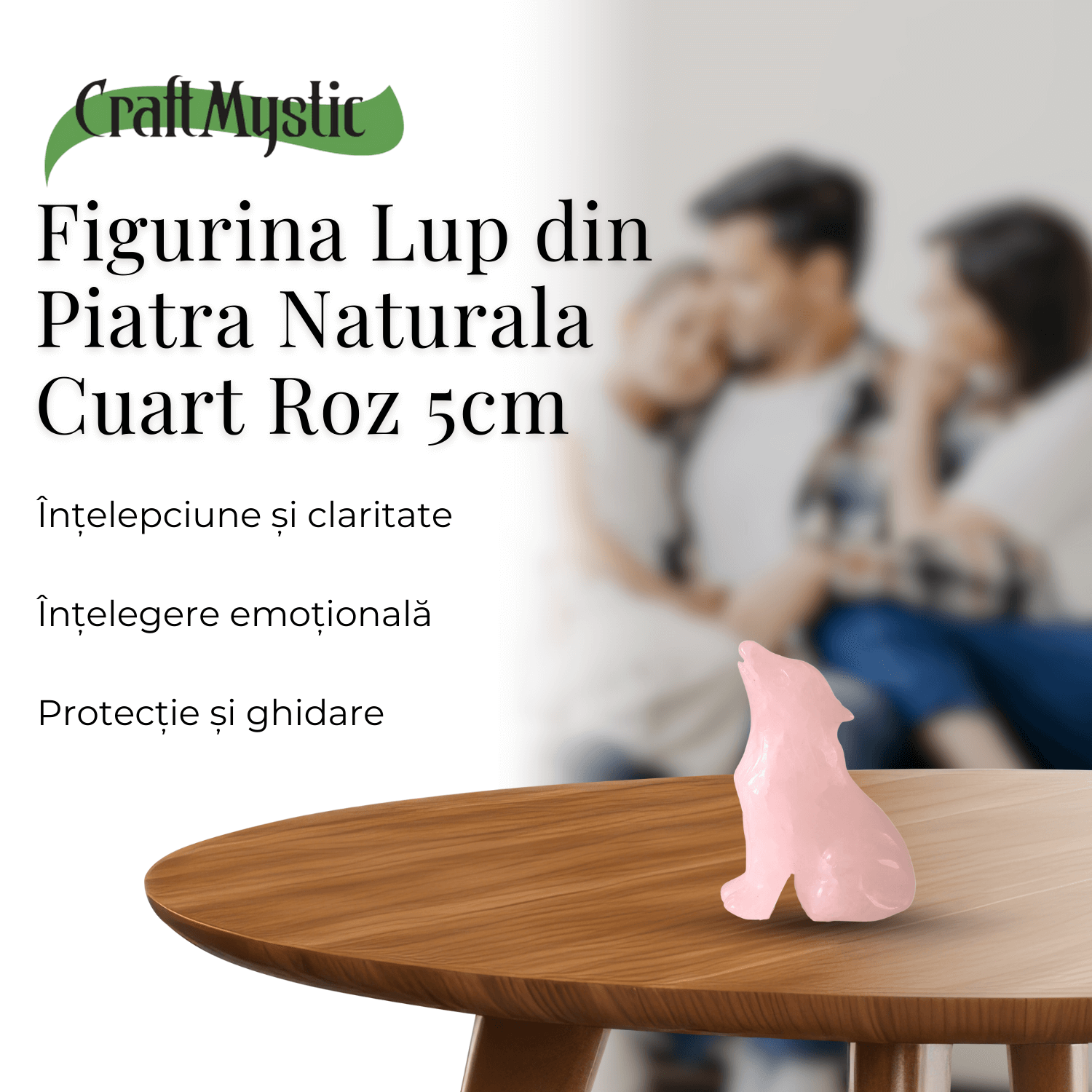 Figurina Lup din Cuart Roz Natural, 5 cm