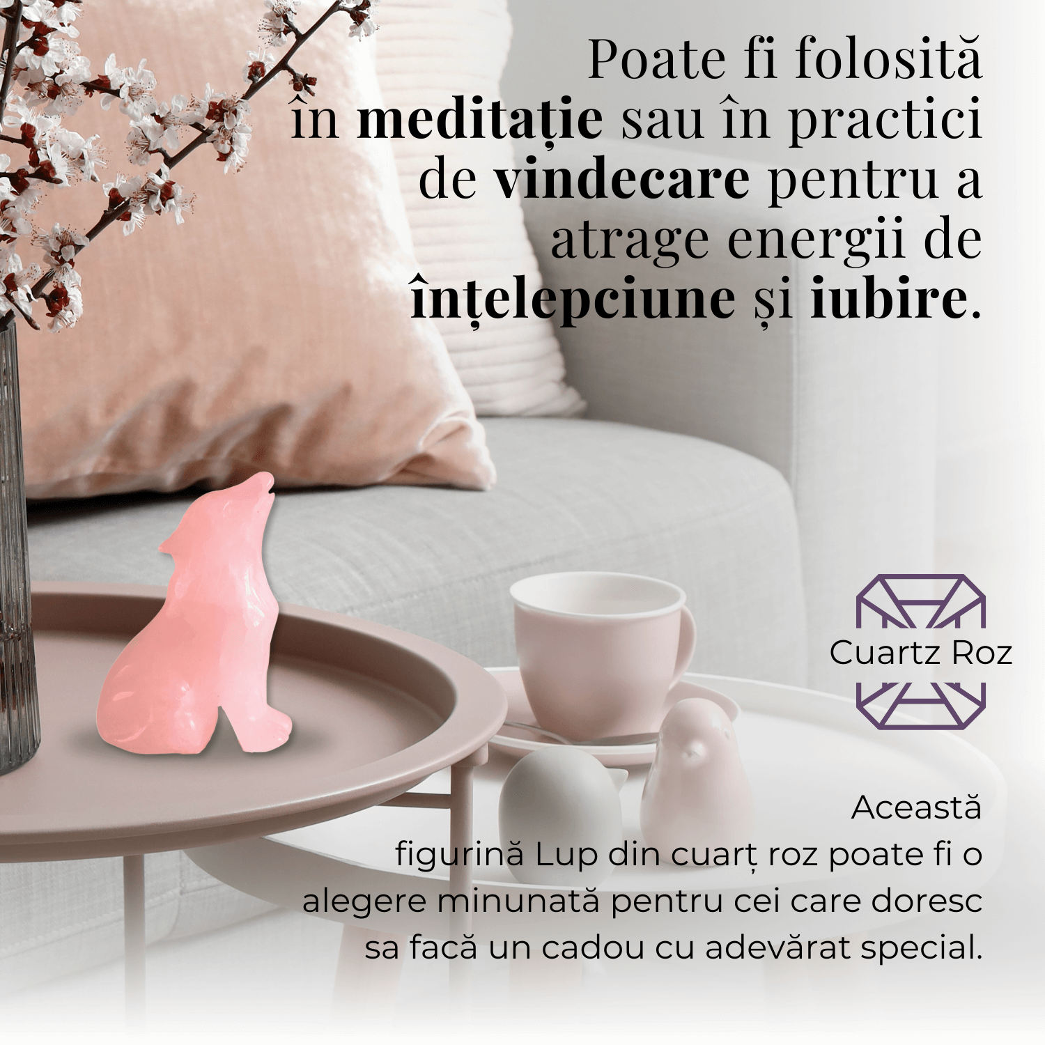 Figurina Lup din Cuart Roz Natural, 5 cm