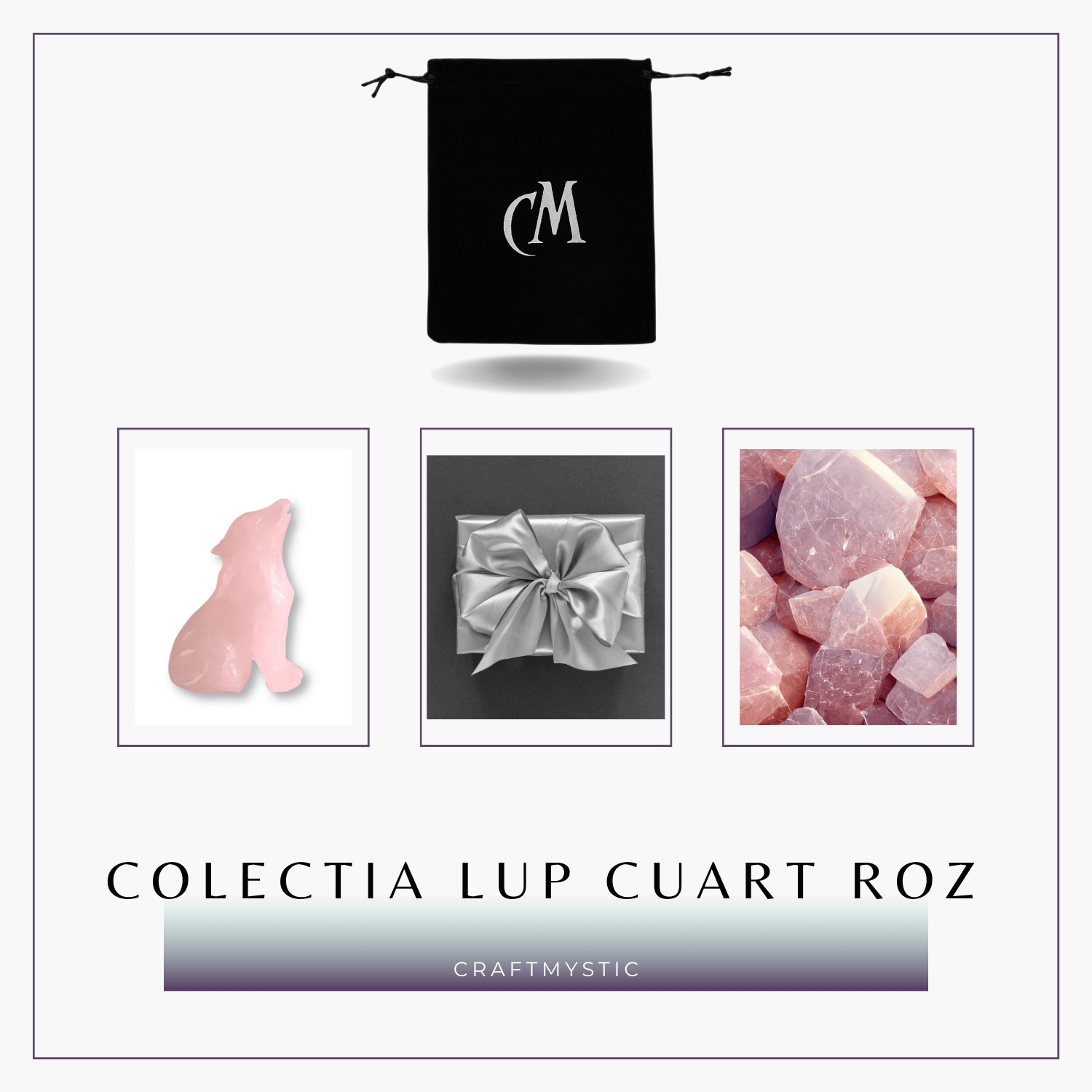 Figurina Lup din Cuart Roz Natural, 5 cm