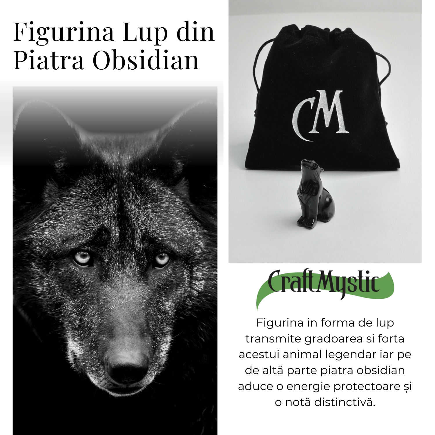 Figurina Lup din Obsidian Natural, 5 cm