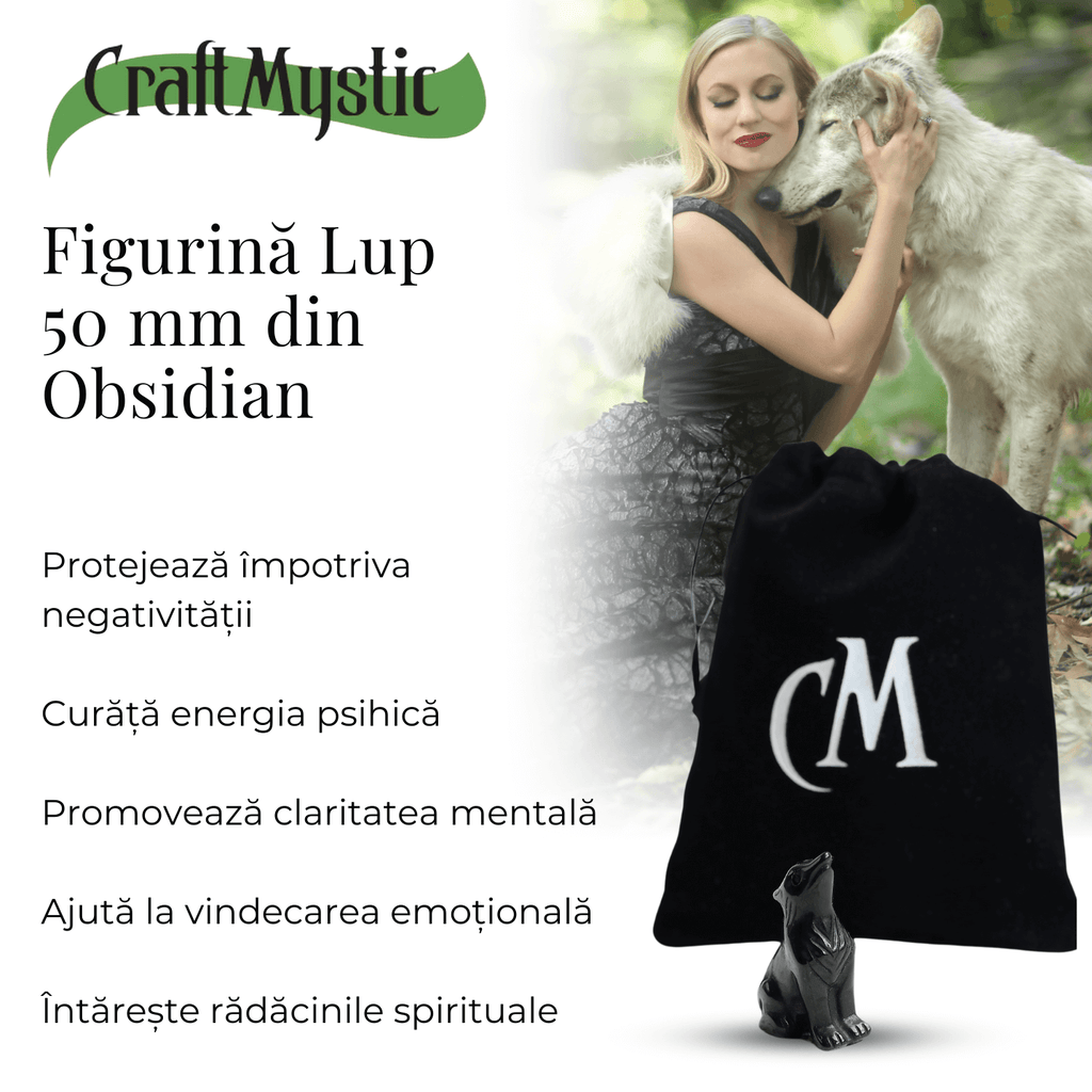 Figurina Lup din Obsidian Natural, 5 cm
