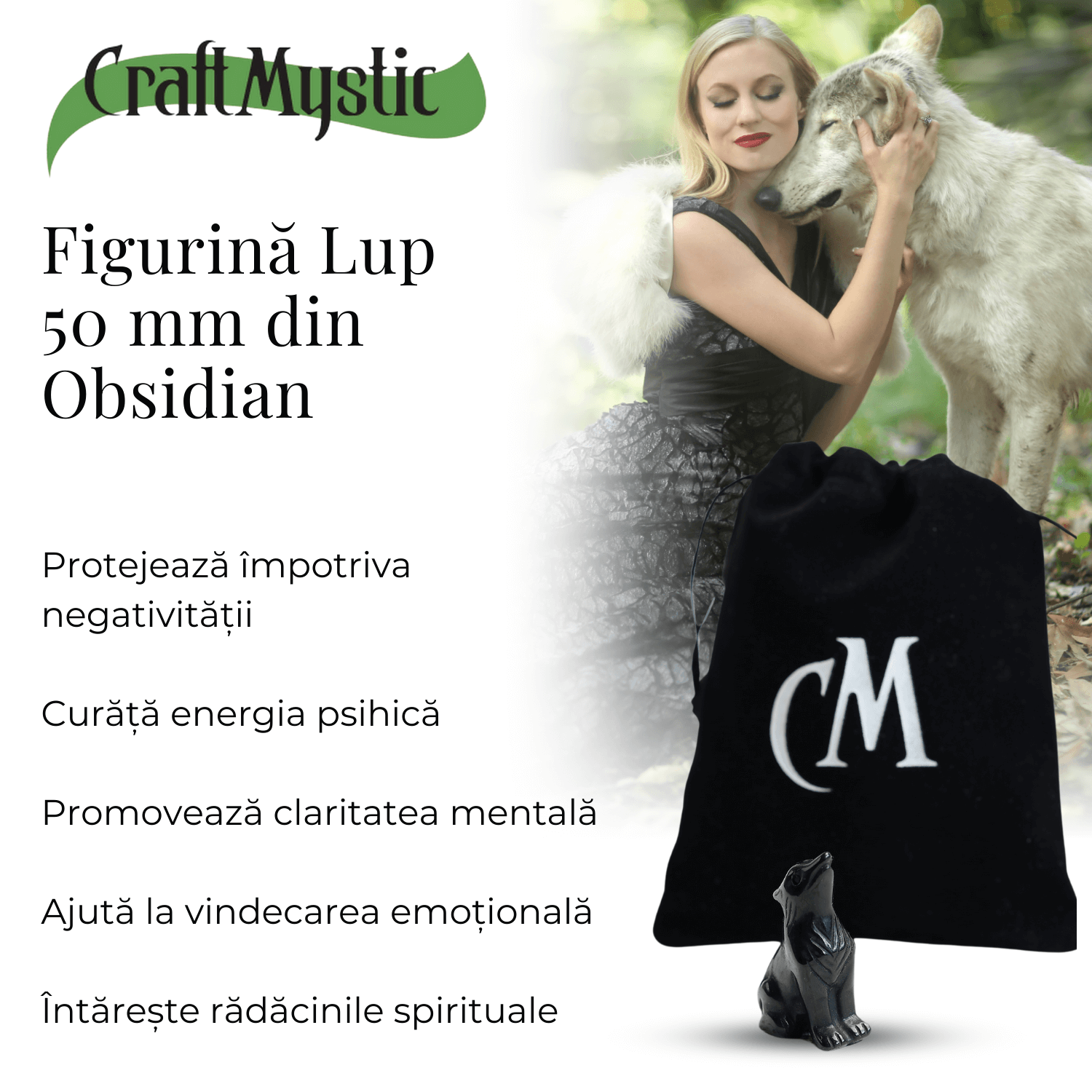 Figurina Lup din Obsidian Natural, 5 cm