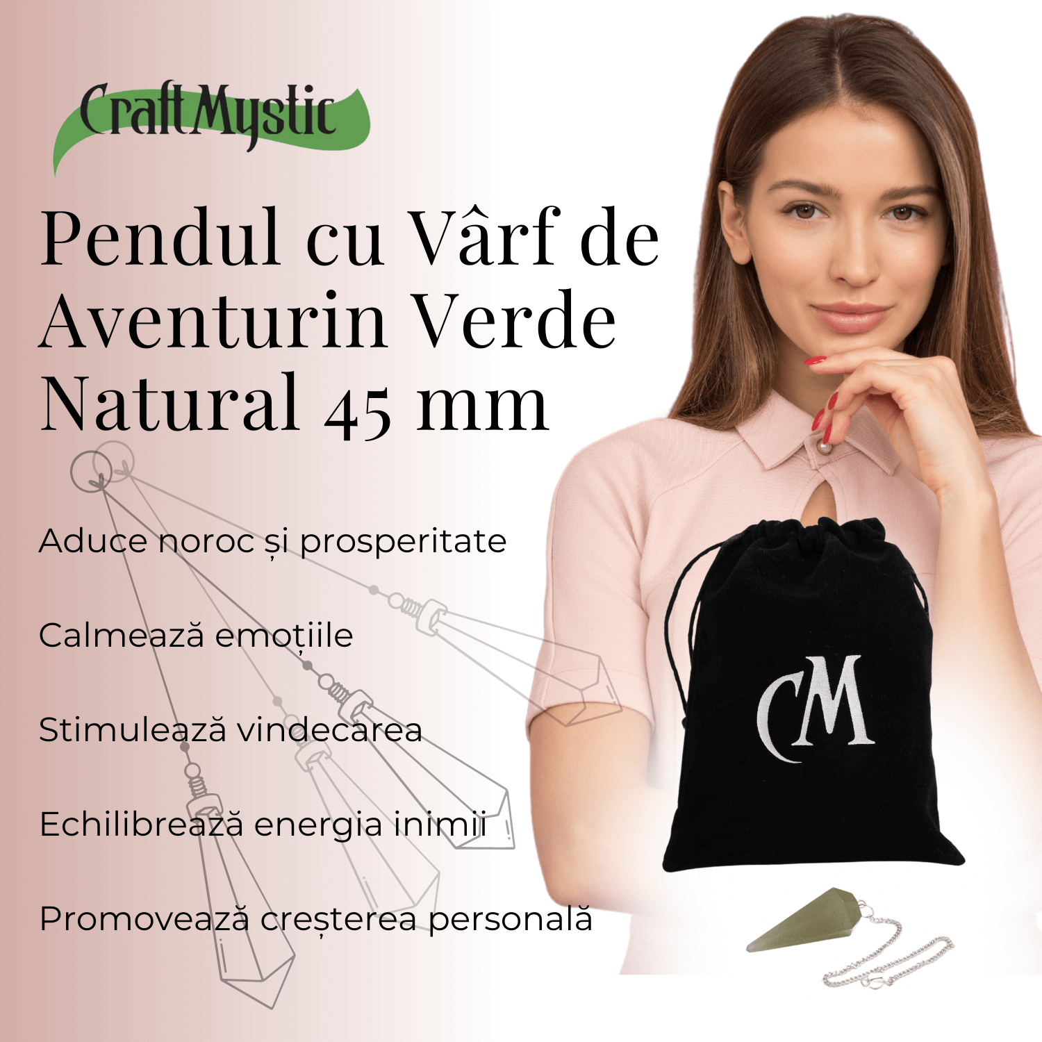 Pendul de Radiestezie cu Varf de Aventurin Verde Natural 45 mm