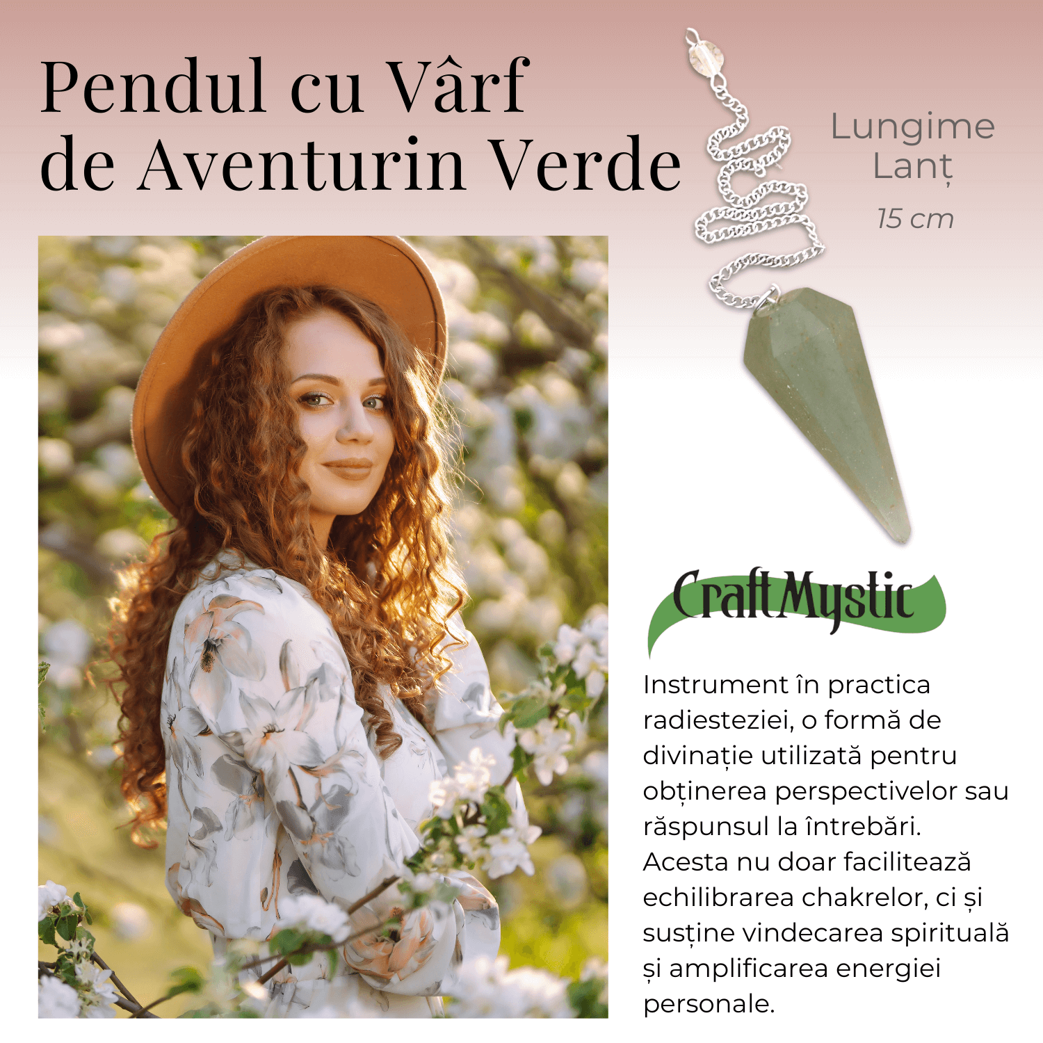 Pendul de Radiestezie cu Varf de Aventurin Verde Natural 45 mm