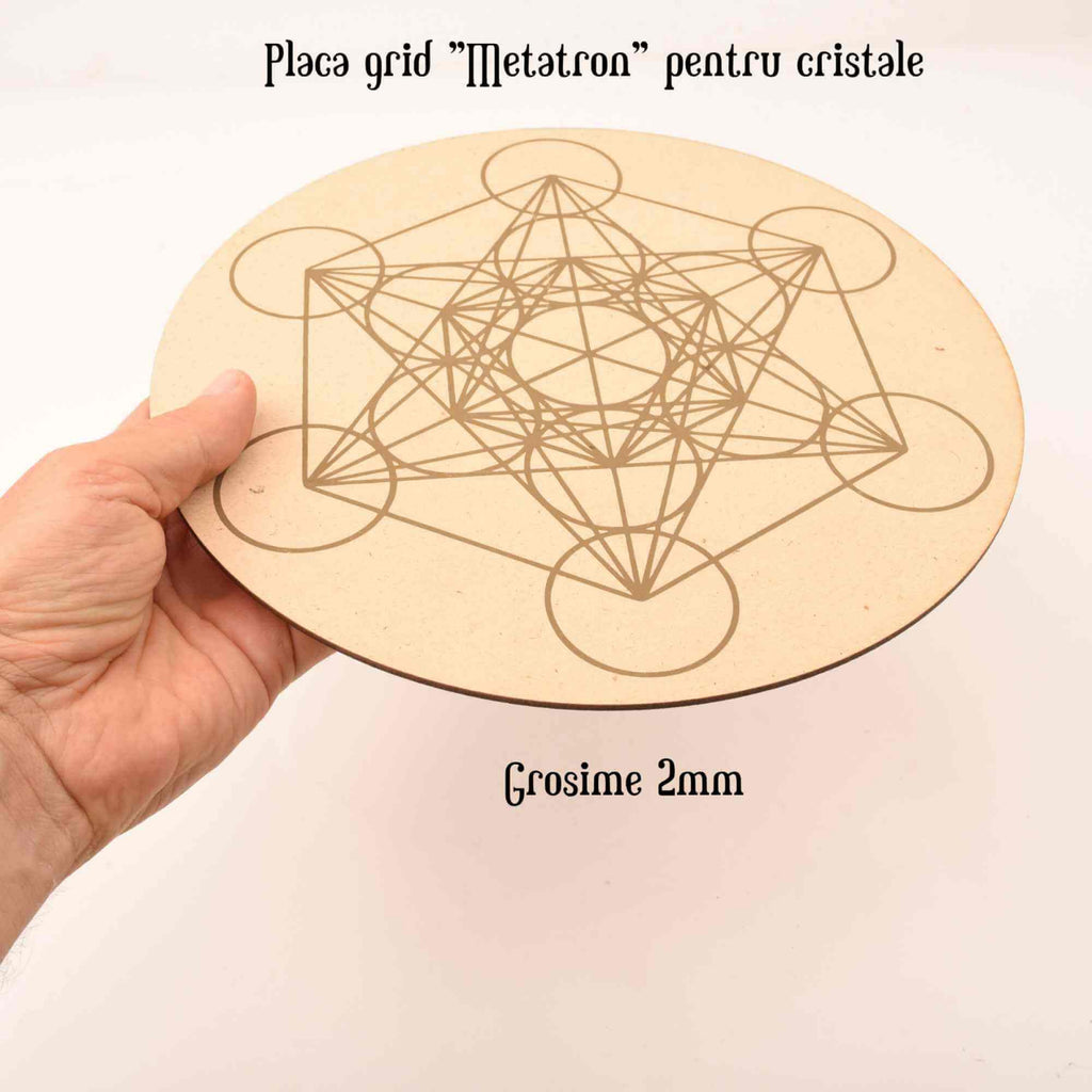 Grila din Lemn pentru Cristale cu Modelul Cubului lui Metatron, Diametru 25 cm