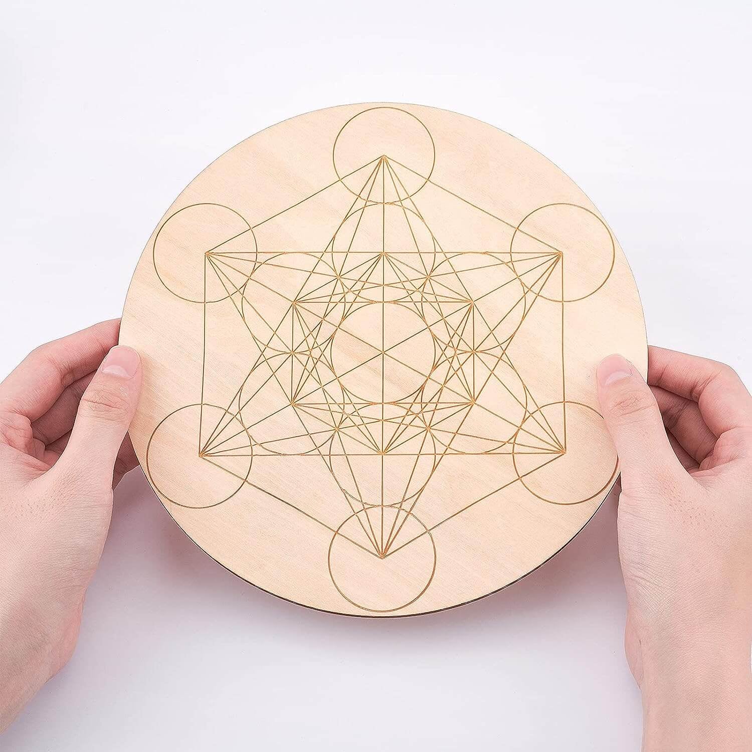 Grila din Lemn pentru Cristale cu Modelul Cubului lui Metatron, Diametru 25 cm