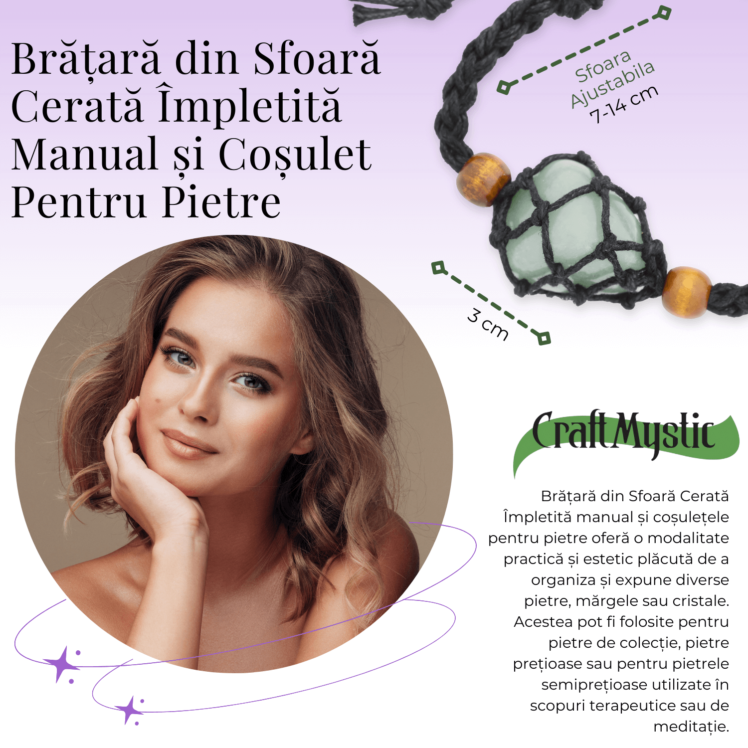 Bratara Reglabila din Sfoara Cerata Neagra cu Cosulet pentru Pietre si Cristale Semipretioase