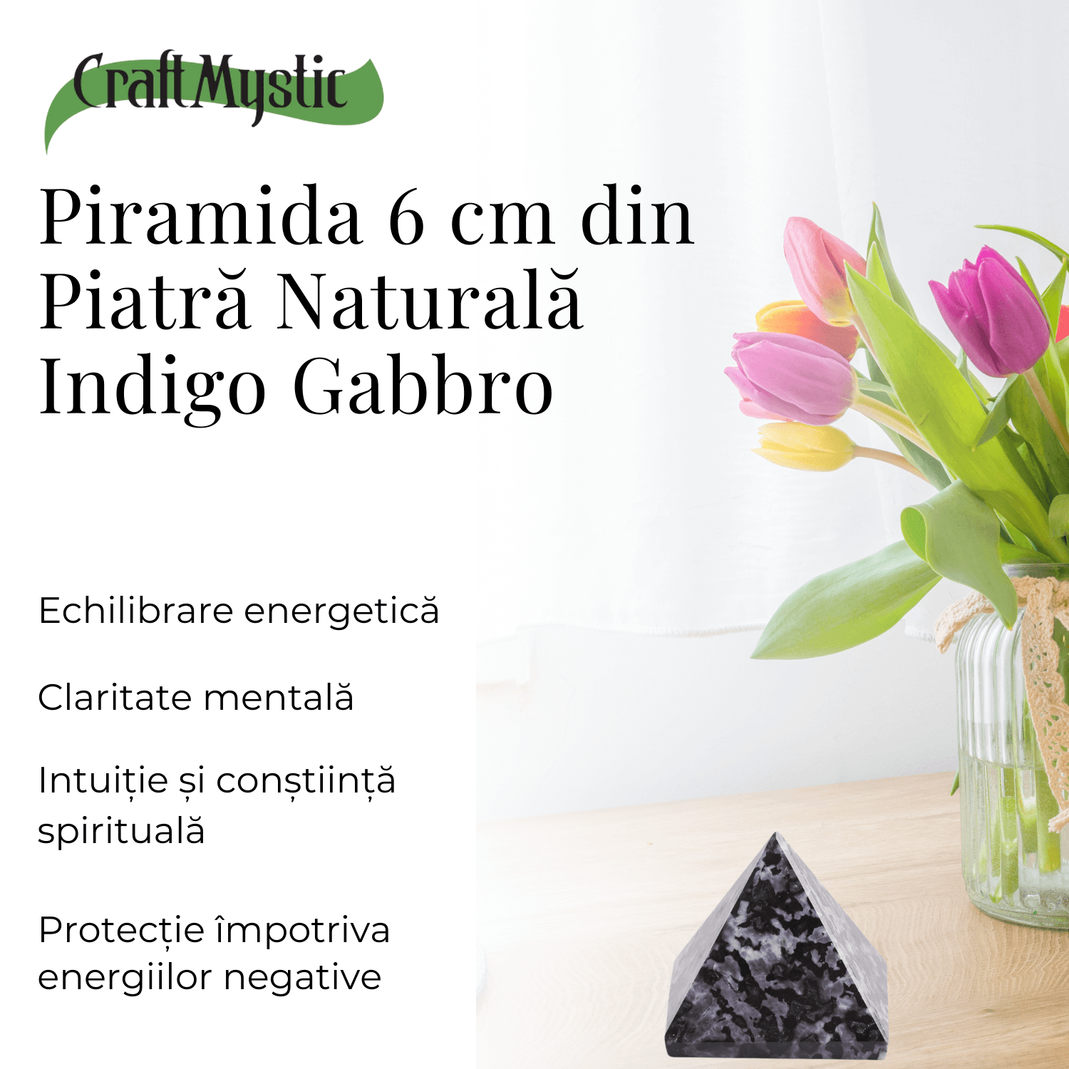Piramida Sculptata Manual 60mm din Piatra Merlinit Mistic sau Indigo Gabbro Natural