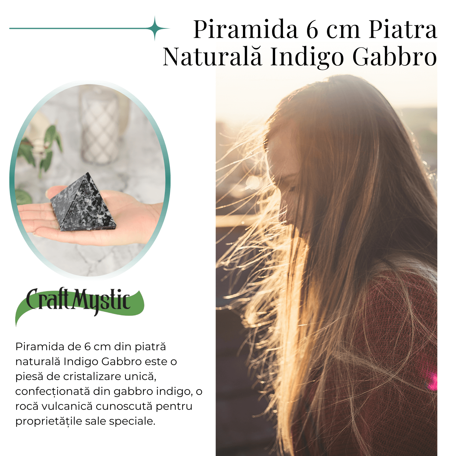Piramida Sculptata Manual 60mm din Piatra Merlinit Mistic sau Indigo Gabbro Natural