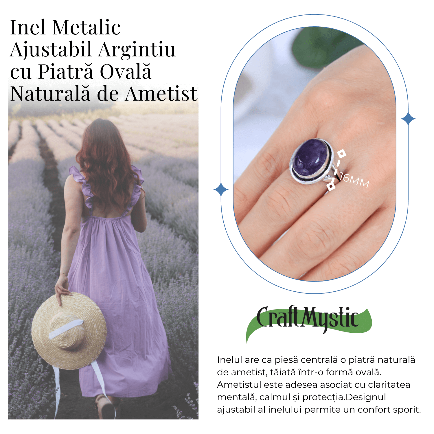 Inel Ajustabil Argintiu cu Ametist Natural forma neregulata, pentru echilibru si claritate
