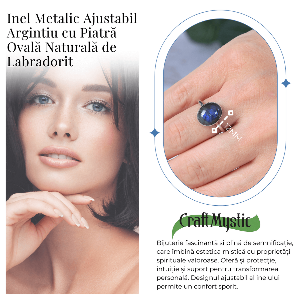 Inel Ajustabil Argintiu cu Labradorit natural oval, pentru protectie si intuitie