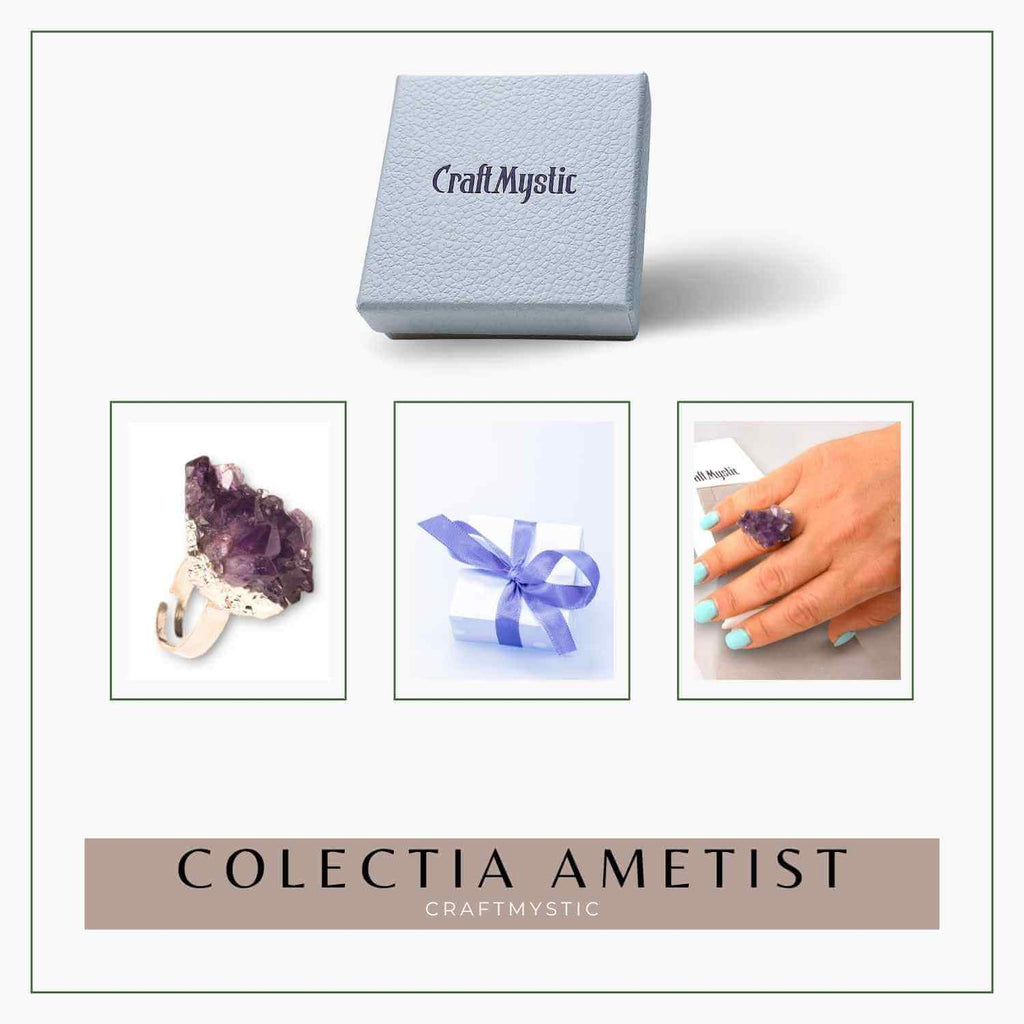 Inel ajustabil argintiu cu piatra naturala cluster Ametist