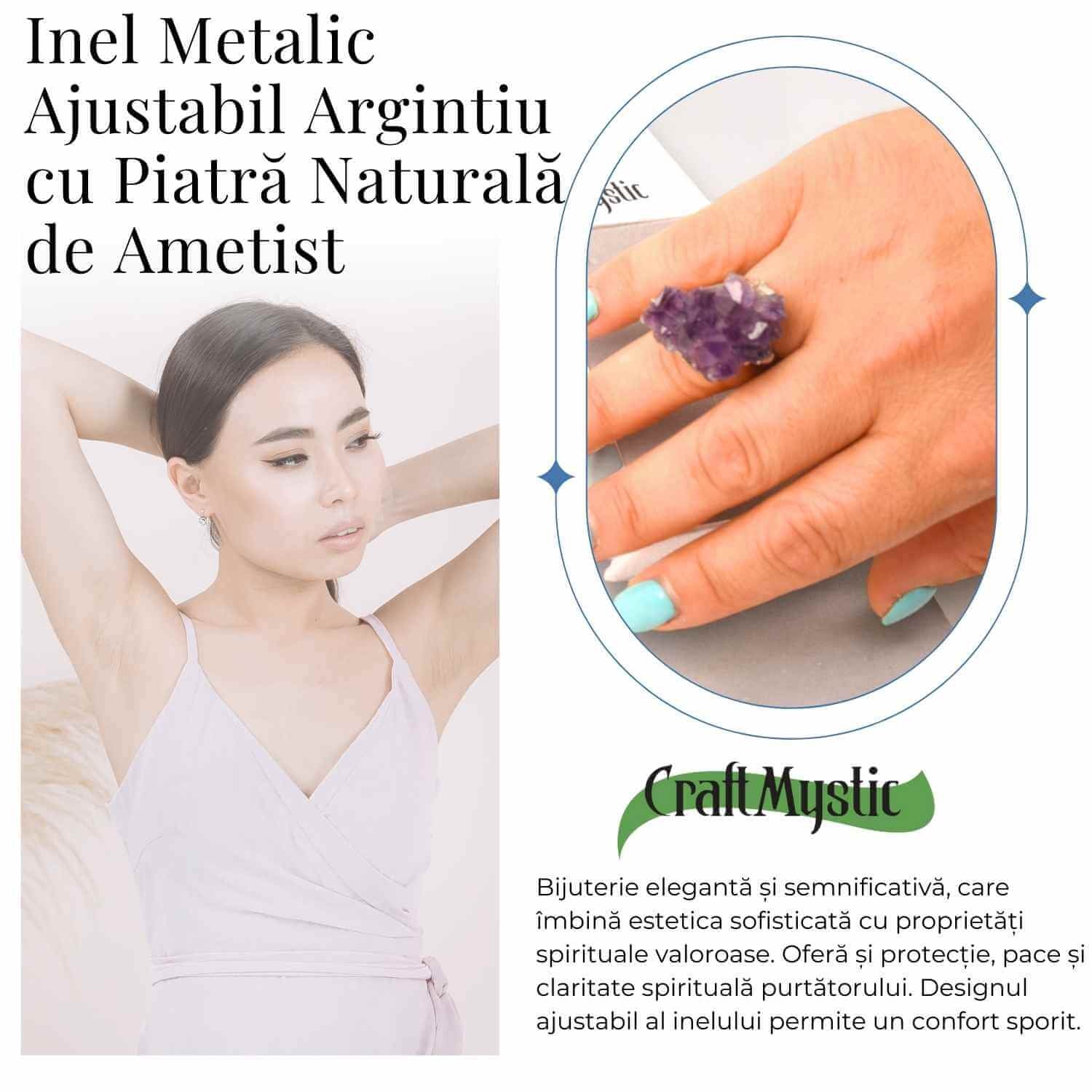 Inel ajustabil argintiu cu piatra naturala cluster Ametist