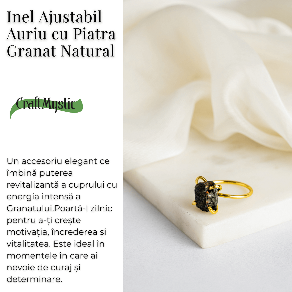 Inel Ajustabil Auriu cu Granat Brut - Putere si Energie Pozitiva