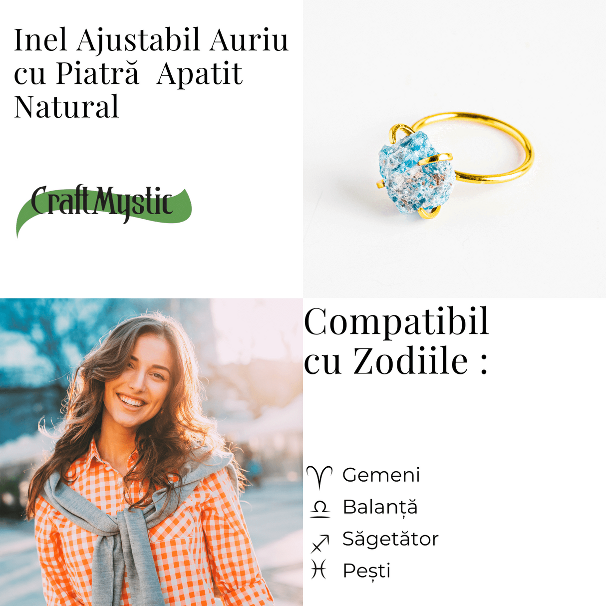 Inel Ajustabil Auriu cu Apatit Brut – Energie Pozitiva, Claritate Mentala si Creativitate
