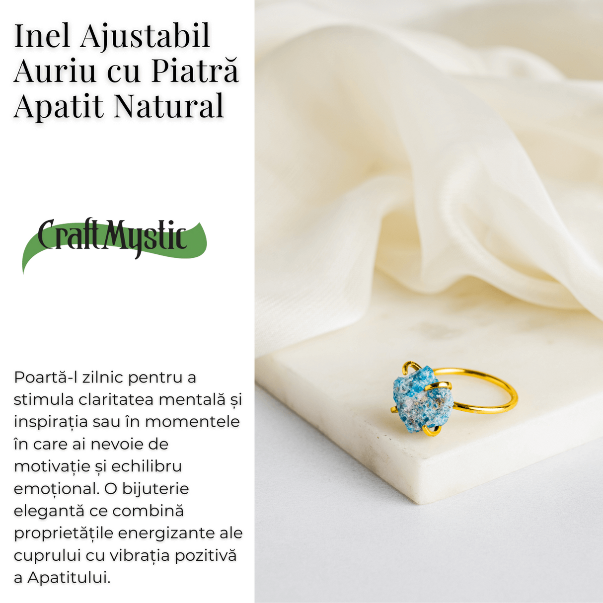 Inel Ajustabil Auriu cu Apatit Brut – Energie Pozitiva, Claritate Mentala si Creativitate