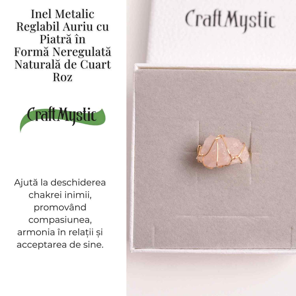 Inel Ajustabil Cuart Roz Brut forma neregulata- Vindecare Emotionala si Iubire