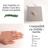Inel Reglabil Argintiu cu Dublu Cuart Roz, Dragoste Si Armonie