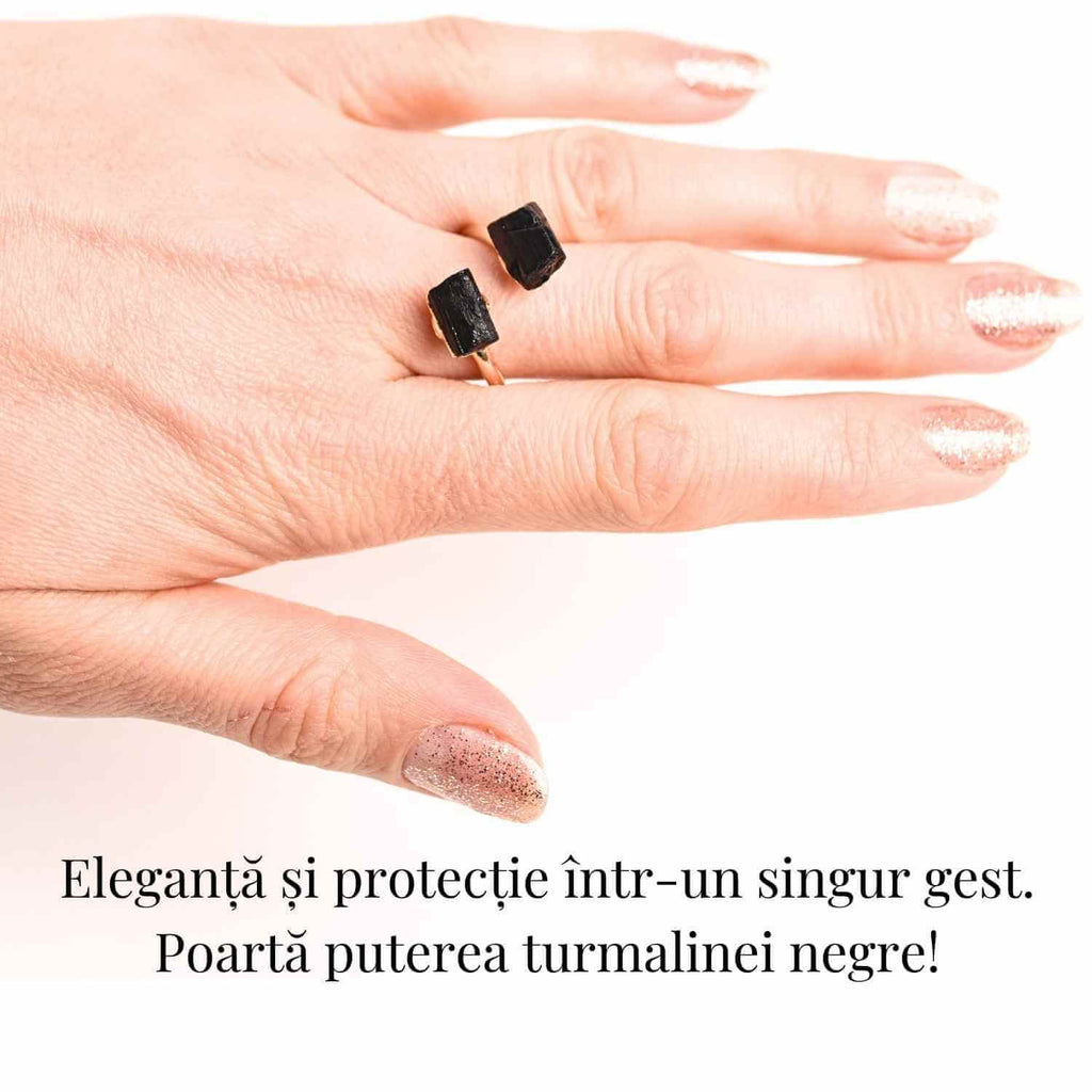Inel auriu cu dubla Turmalina Neagra, pentru protectie si echilibru