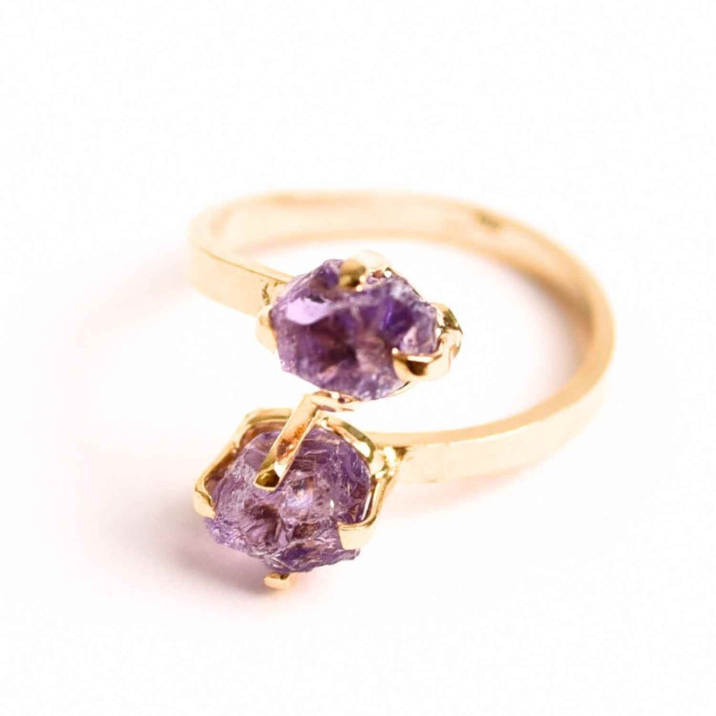 Inel Argint 925 placat cu Aur 18K si Dublu Ametist – Calm si Protectie Energetica