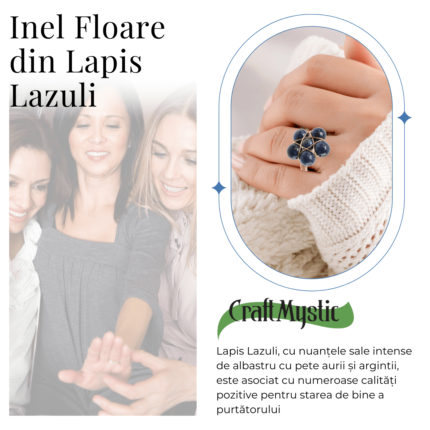 Inel Elegant in Forma de Floare cu Model Auriu si Lapis Lazuli Natural