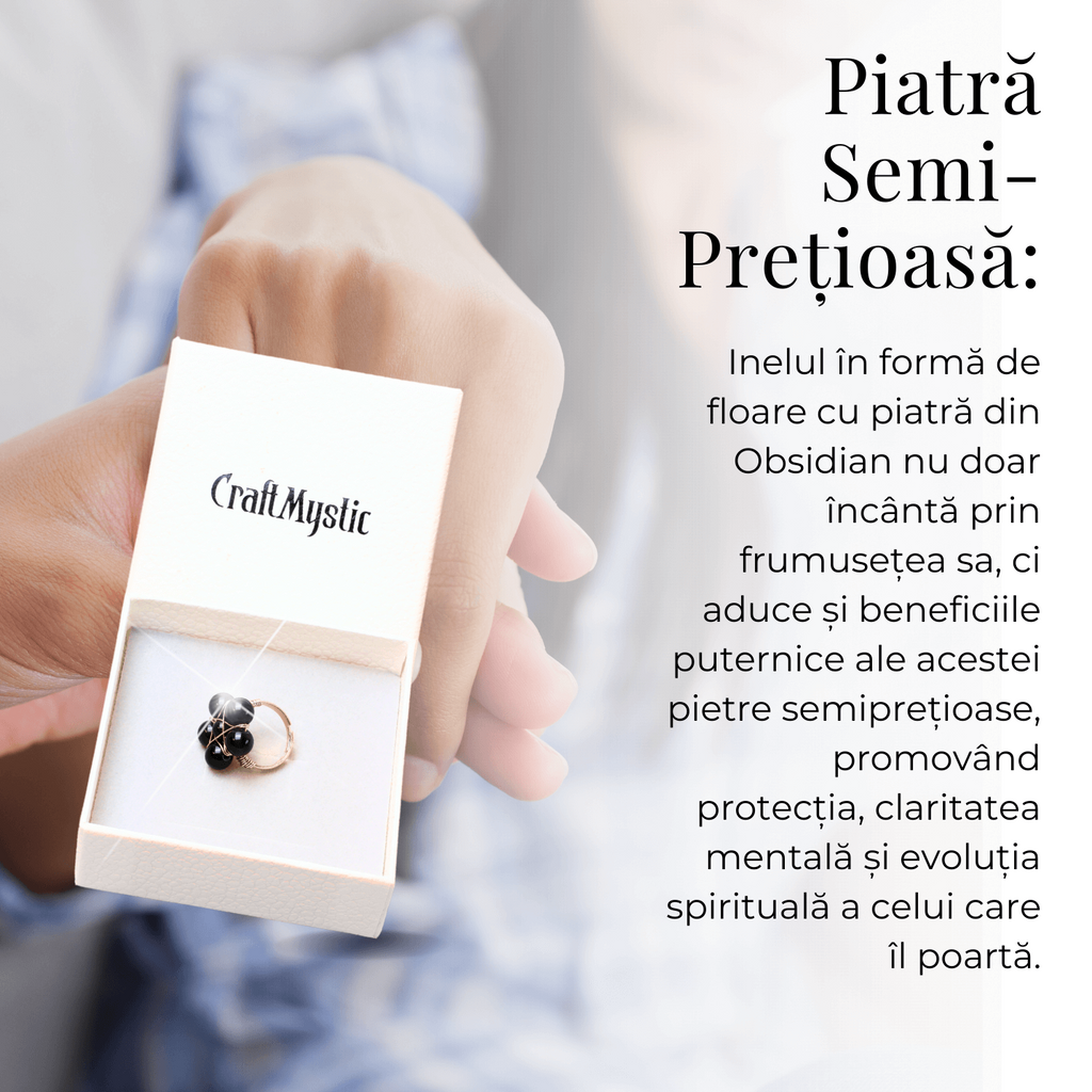  Inel Model Floare Metal Auriu cu Pietre din Obsidian