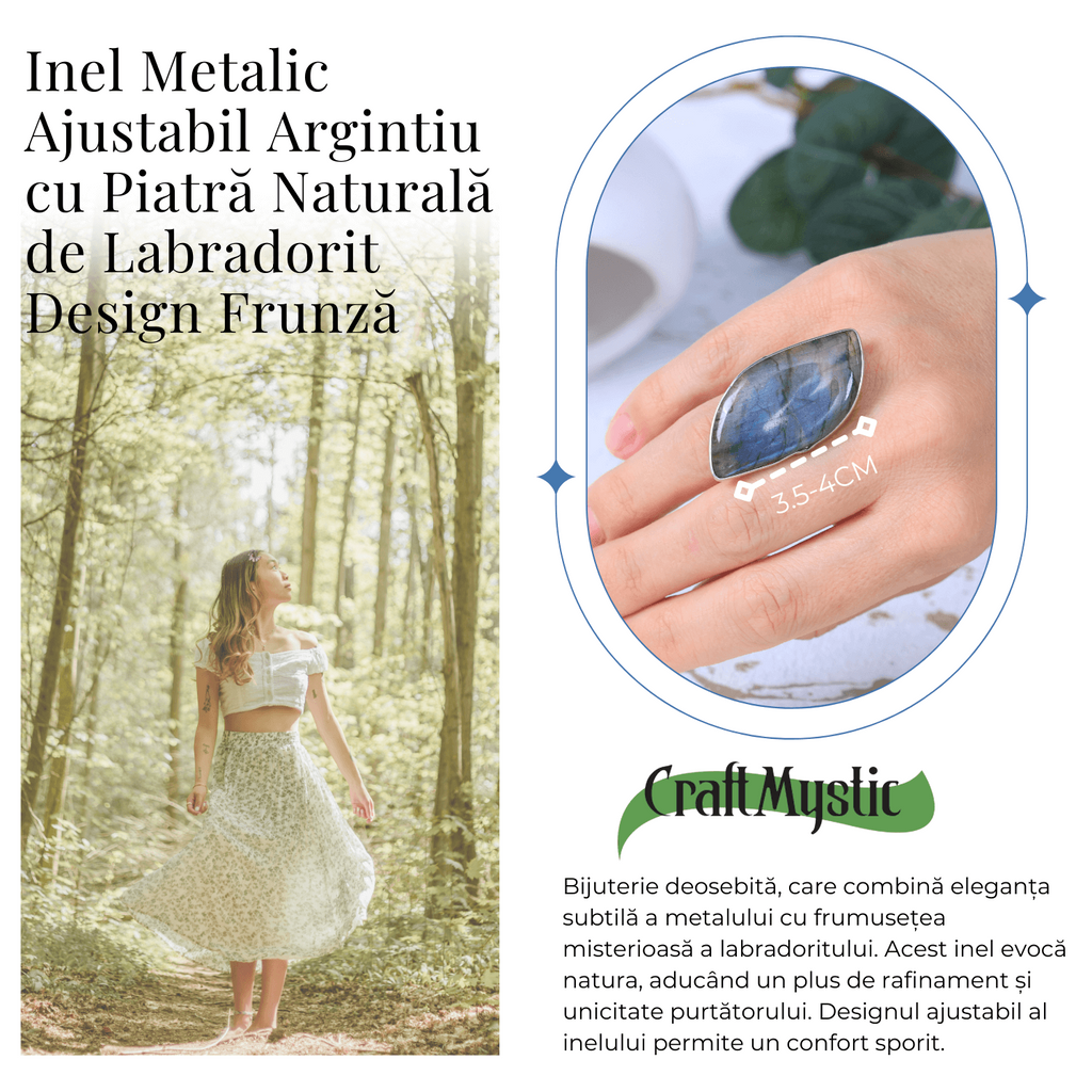 Inel argintiu ajustabil cu Labradorit design frunza, pentru protectie si intuitie