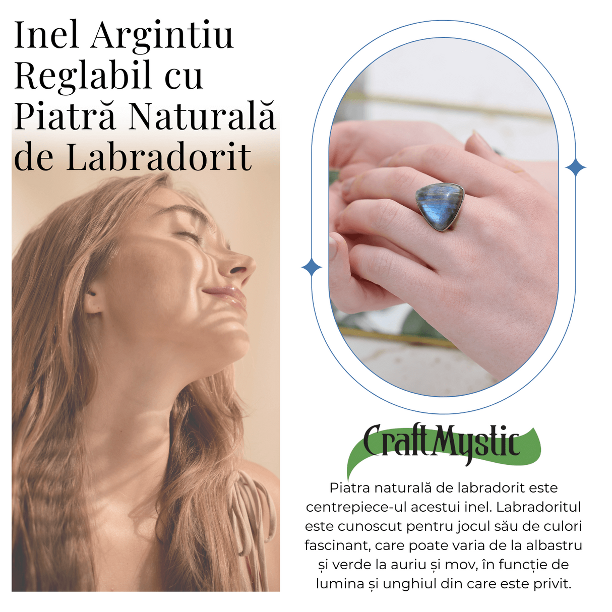 Inel Argintiu Reglabil cu Labradorit - Transformare si Protectie Spirituala