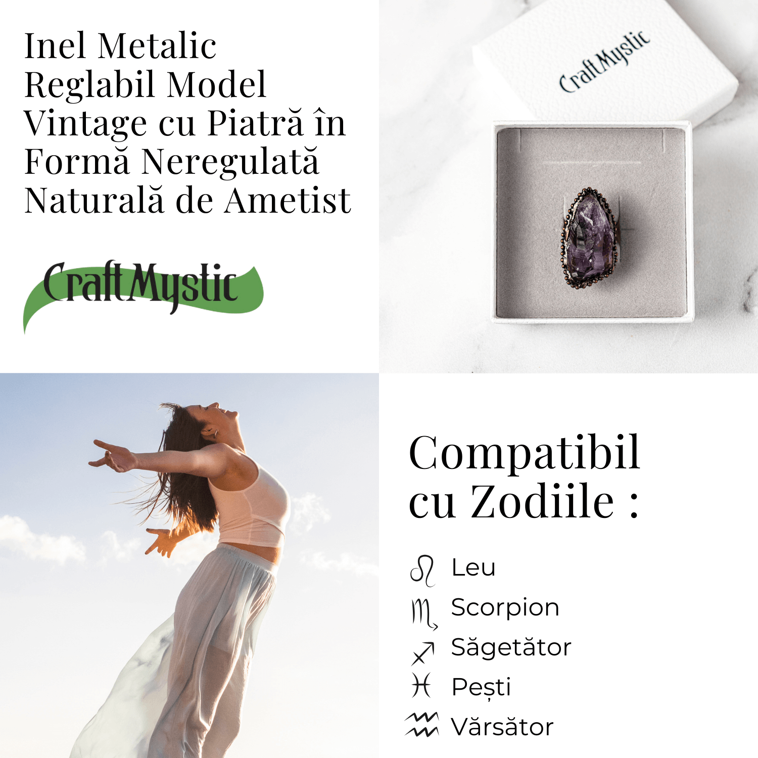 Inel Reglabil Vintage cu Ametist Natural – Claritate si Echilibru