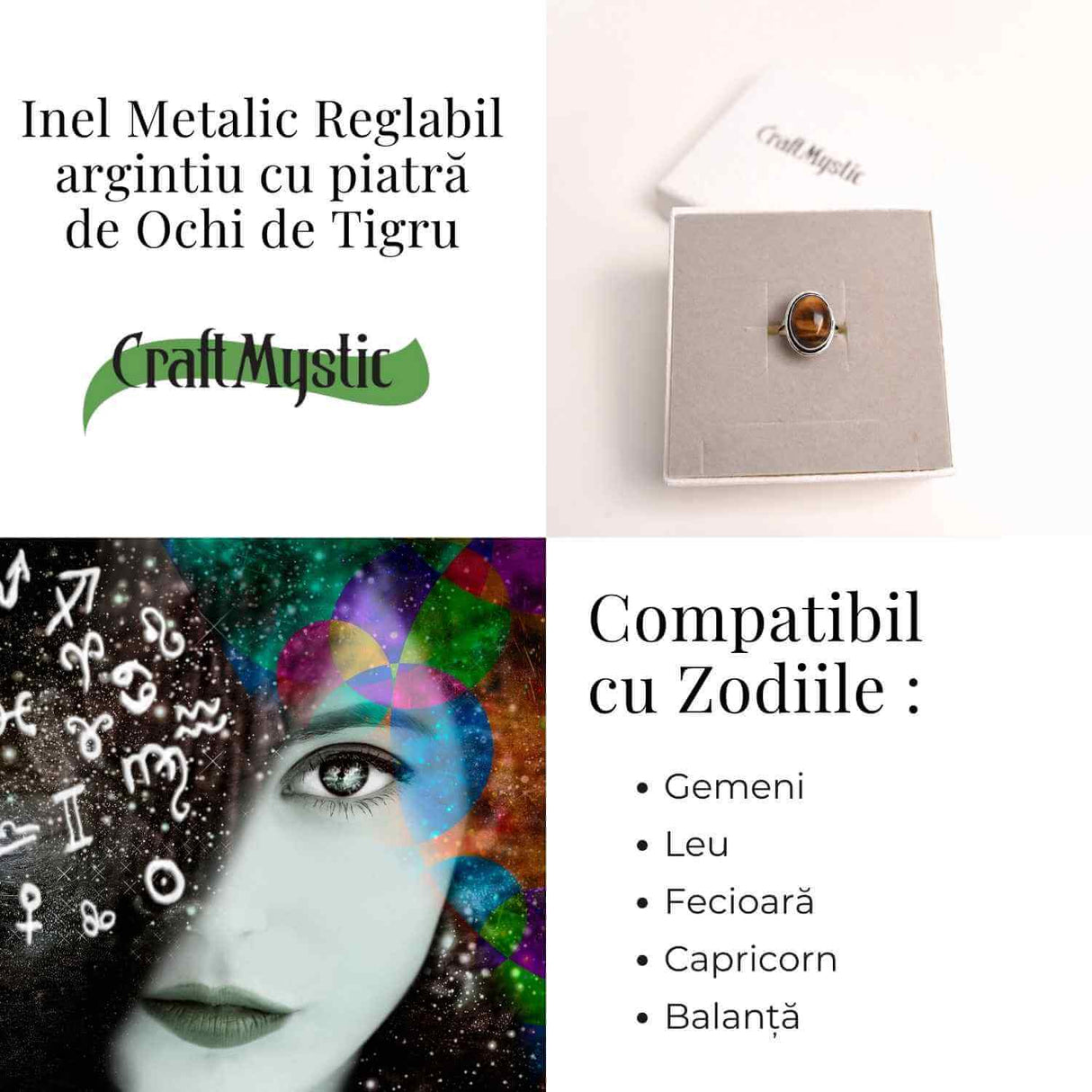 Inel ajustabil argintiu cu Ochi de Tigru – putere si protectie