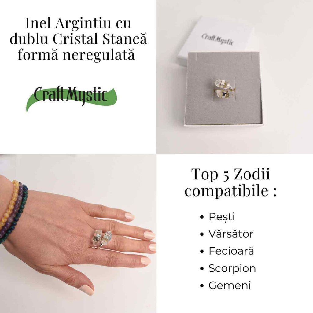 Inel Argintiu Reglabil cu Dublu Cristal Stanca