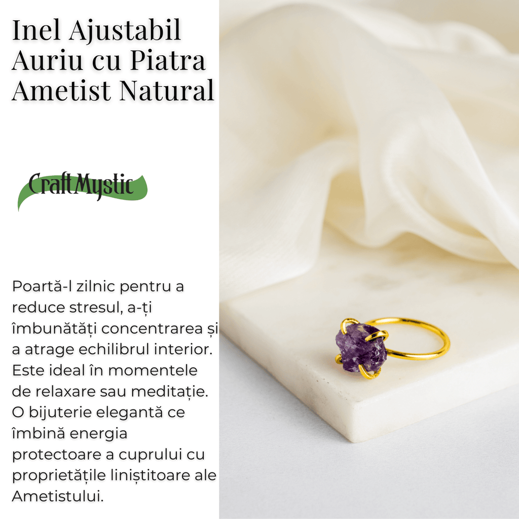 Inel reglabil auriu cu Ametist Brut pentru protectie si claritate