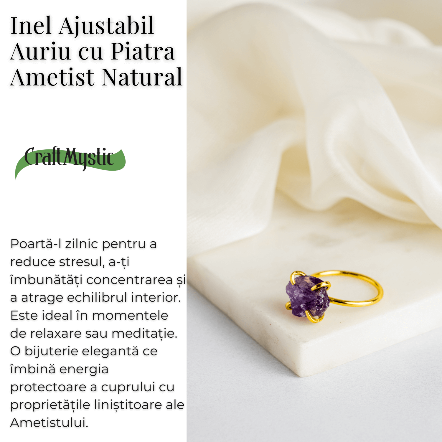 Inel reglabil auriu cu Ametist Brut pentru protectie si claritate