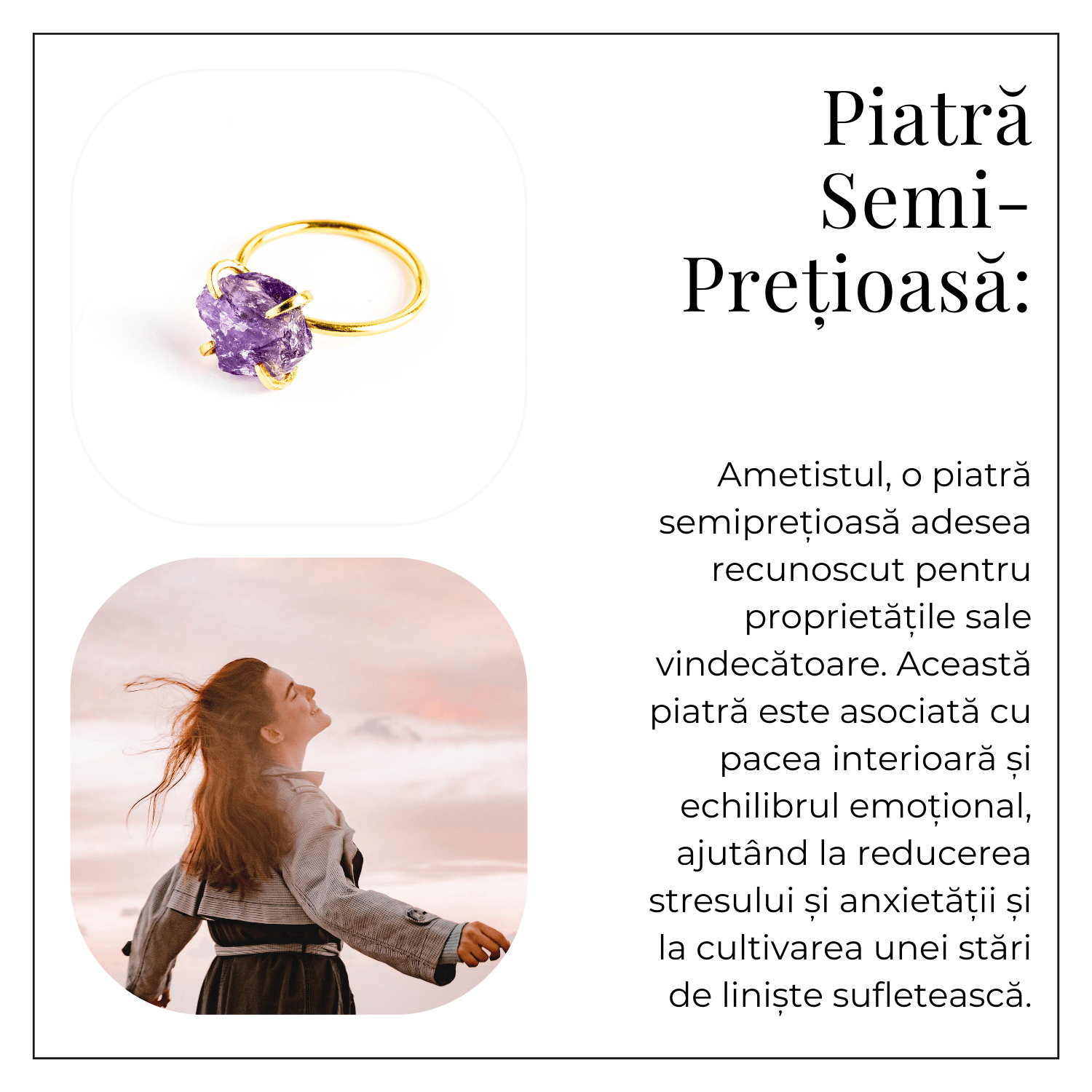 Inel reglabil auriu cu Ametist Brut pentru protectie si claritate