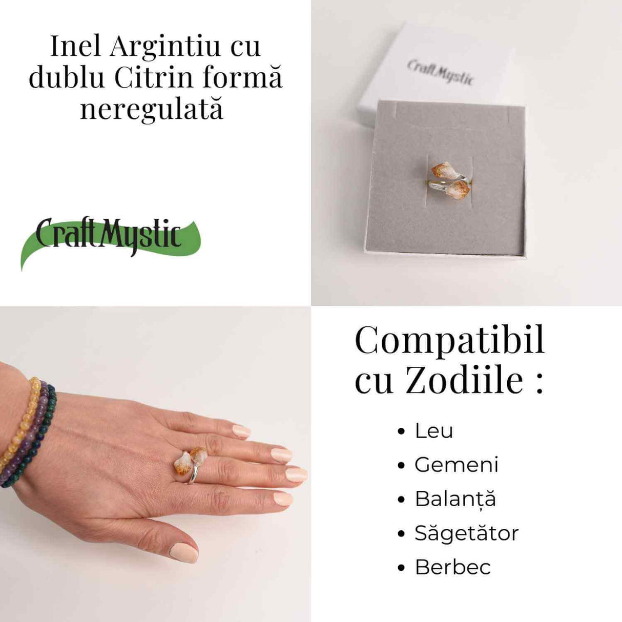 Inel Argintiu Reglabil cu Dublu Citrin - Energie Pozitiva si Abundenta