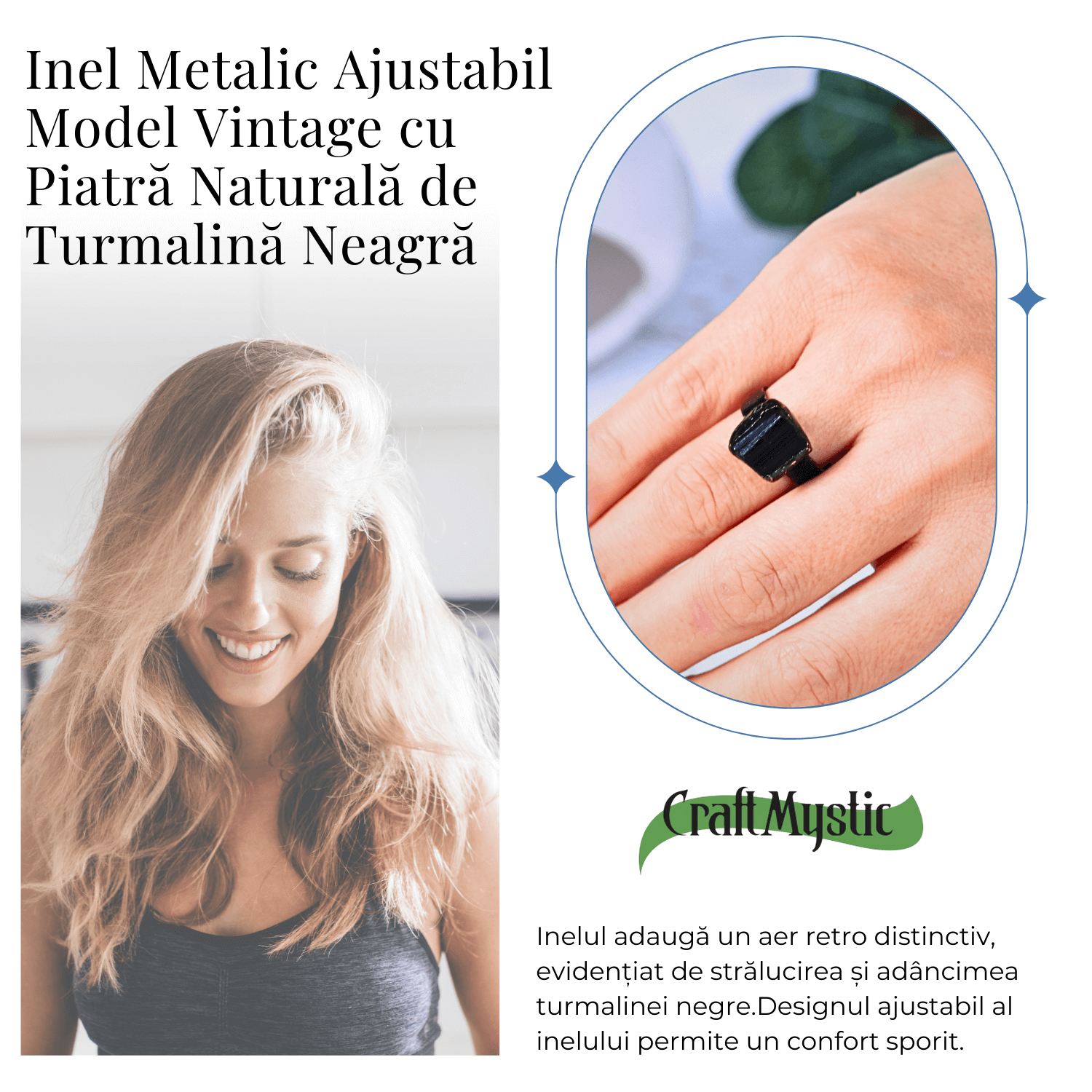 Inel vintage ajustabil cu Turmalina Neagra, pentru protectie si echilibru energetic